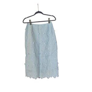 Louise Kennedy Blue Linen Blend Pencil Skirt Leaf Vine 3D Scallop Size US 8